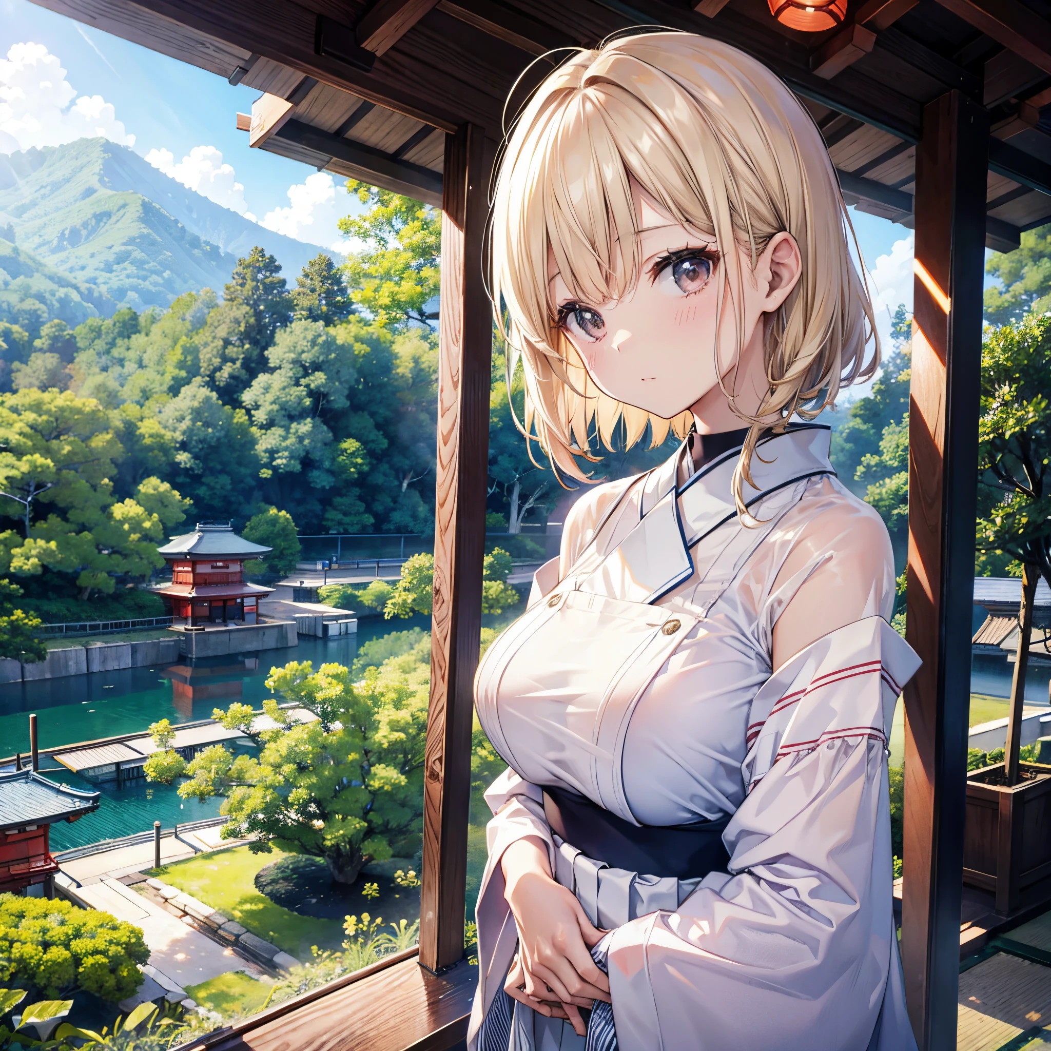 Anime girl in a white dress standing on a balcony overlooking a river -  SeaArt AI