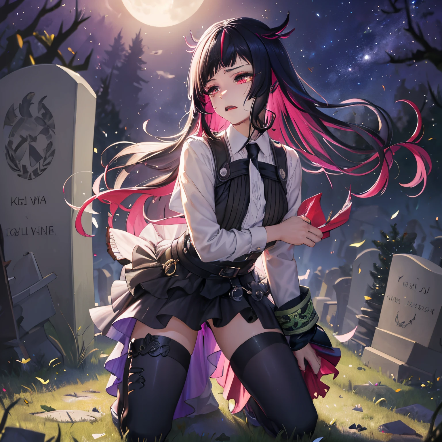 lilia vanrouge,1boy,male focus,multicolored hair,streaked hair,black hair,red hair, slit eyes,red eyes, long ponytail:1.4,(tears in the eyes:1.4,kneeling and looking at three tombstones:1.4),night,forest,emotional scene,sad expression,tears,best quality,4k,8k,highres,masterpiece:1.2,ultra-detailed,HDR,UHD,studio lighting,ultra-fine painting,sharp focus,physically-based rendering,extreme detail description,professional,vivid colors,bokeh,portraits,landscape,hair flowing in the wind,dark shadows,soft moonlight,subtle glow