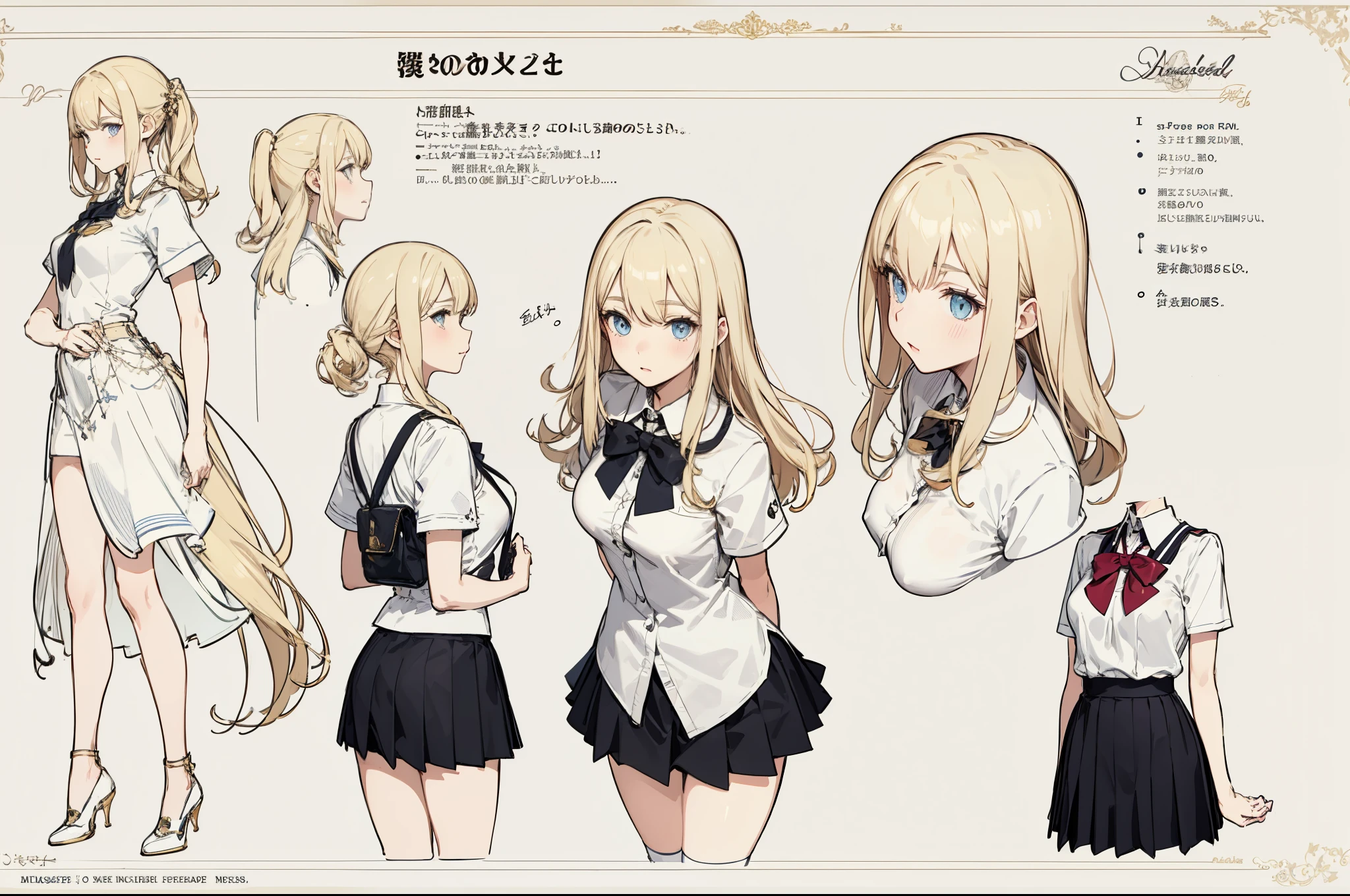 shcool uniform，Stockings，Short black skirt，White top，Fashion leather shoes， popular colors，（character design sheet，facefront，backfacing，Lateral face，Same character），The background is ，long golden hair，small nipple，，Thick eyebrowig breasts thin waist，Beautiful blonde，（nmasterpiece），（（HighestQuali）），（ultra-detailliert），Giant Breast Girl，（beautifuleyeeautiful details eyes，Clean and meticulous face，Five fingers，Textile shades，anatomy perfect