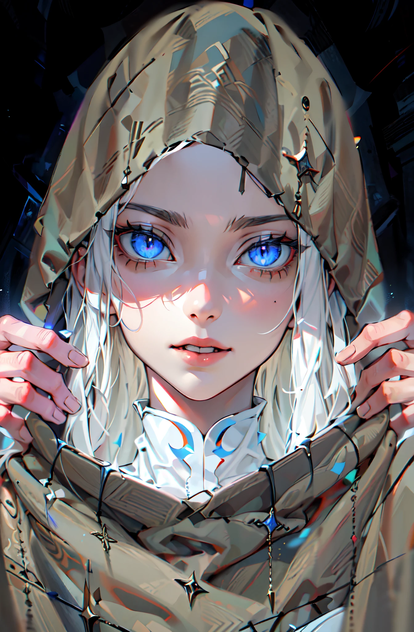 (hyperrealistic), (illustration), (High resolution), (8k), (extremely detailed), (best illustration), (Beautiful detailed eyes), (The best detailed calidra), (Masterpiece), (wallpaper), (detailed face), only, (dynamic pose), 1 woman, White hair Chica anime, dragon woman, brown hood, sloppy appearance, Masculine appearance, White hair, bright navy blue eyes, dark background, the white light comes from above, Super beautiful, murderous look, just wear a hood, White hair como la nieve, extremely white hair, extremely navy blue eyes, coffee hood, beautiful quality, Perfect Anatomia, medieval, deck, Clothing, He only wears a simple hood, standing, torso up, body completely covered with clothing, his hood covers his face, his arms are hidden behind his cape, He has his hood up and hides his face, a light comes from above, smiling evilly, she has dragon eyes, Purple and blue eyes, outer space background