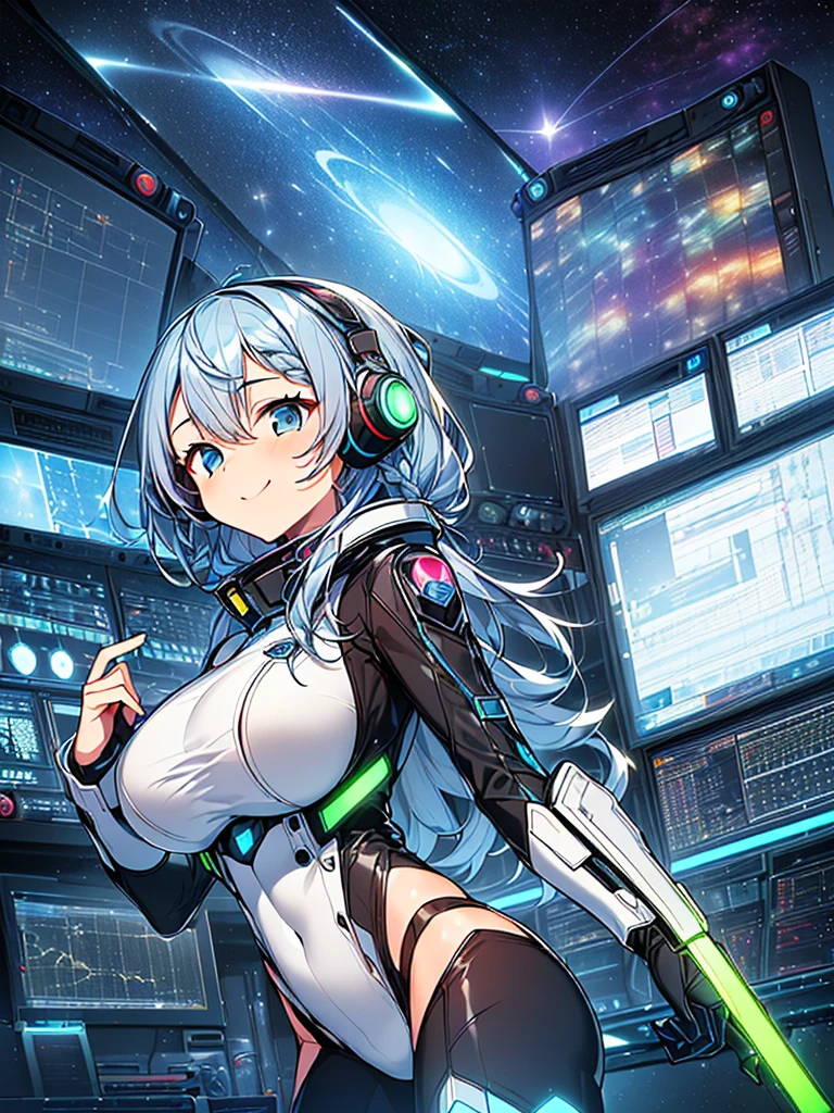 ​masterpiece:1.4, 1girl in ((20yr old, Wearing a tight, futuristic metallic gray bodysuit,long boots, huge-breasted, Blue hair, long,Braided hair,marguerite&#39;Hairstyles, Perfect model body, Blue eyes:1.4, Wearing headphones, Flirting, Happy,  Looking out the window of the futuristic sci-fi space station、While admiring the beautiful galaxy:1.2, SFSF control room on night background:1.1, Neon and energetic atmosphere:1.2)) ((Galaxy)) ((Solo:1.6))