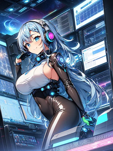 ​masterpiece:1.4, 1girl in ((20yr old, wearing a tight, futuristic metallic gray bodysuit,long boots, huge-breasted, blue hair, ...