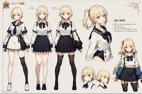shcool uniform，Stockings，Short black skirt，White top，Fashion leather shoes， popular colors，（character design sheet，facefront，backfacing，Lateral face，Same character），The background is ，long golden hair，small nipple，schoolgirl，Thick eyebrowig breasts thin wa...
