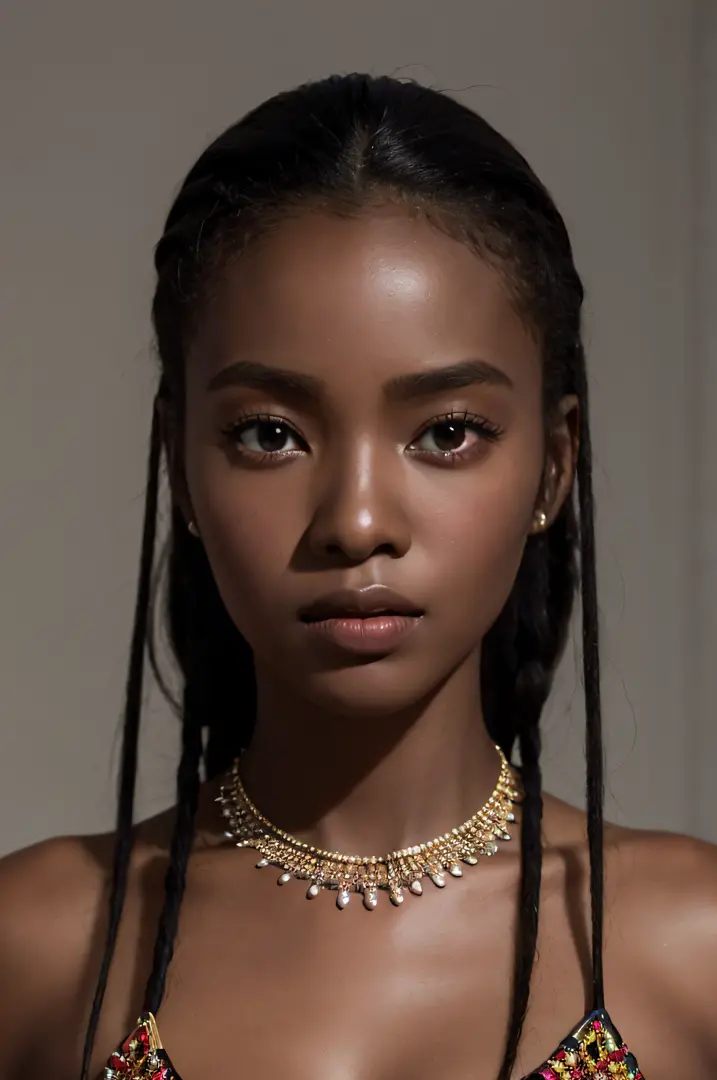 a close up of a woman with a necklace and a necklace, dark-skinned, young black woman, brown skin. light makeup, black young wom...