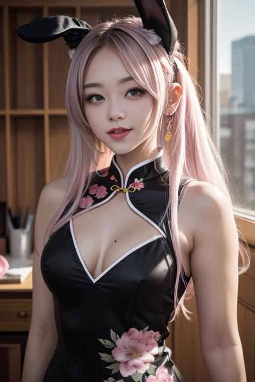 sidelocks, long hair, smiling, looking at viewer, from front, twintails, bangs, white hair, mole under eye, hazel eyes, bunny ears, makeup, parted lips, masterpiece, high quality, best quality, anatomically correct, pinup cheongsam, black dress, makeup, pink lips, wide hips, small breasts, 24K Graphic Arts, depth of fields, absurderes, Moonlight, Long Focus, 1girl in, 20yr old, detailed beautiful face