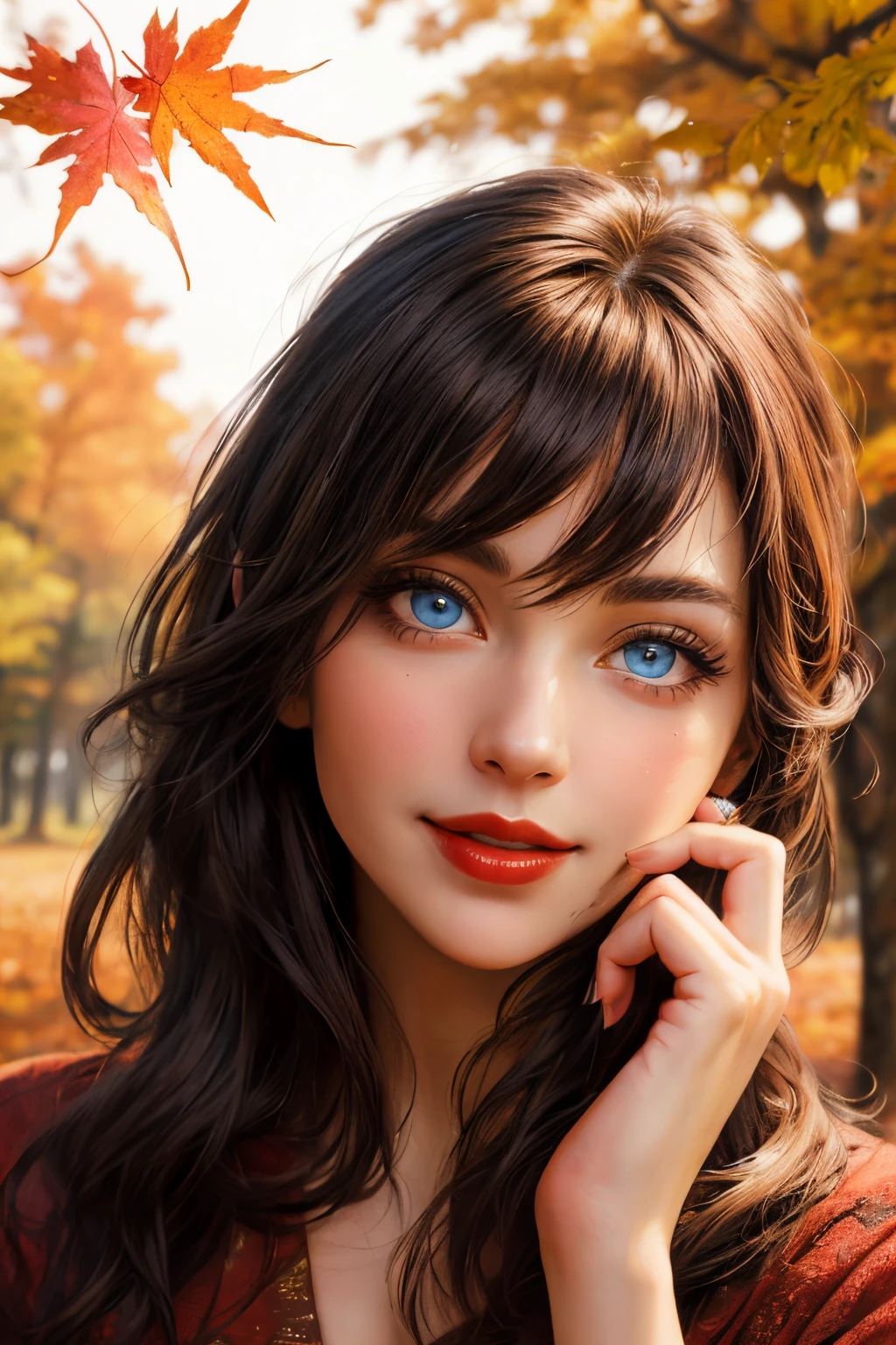 A woman with long hair and blue eyes is posing in a park - SeaArt AI