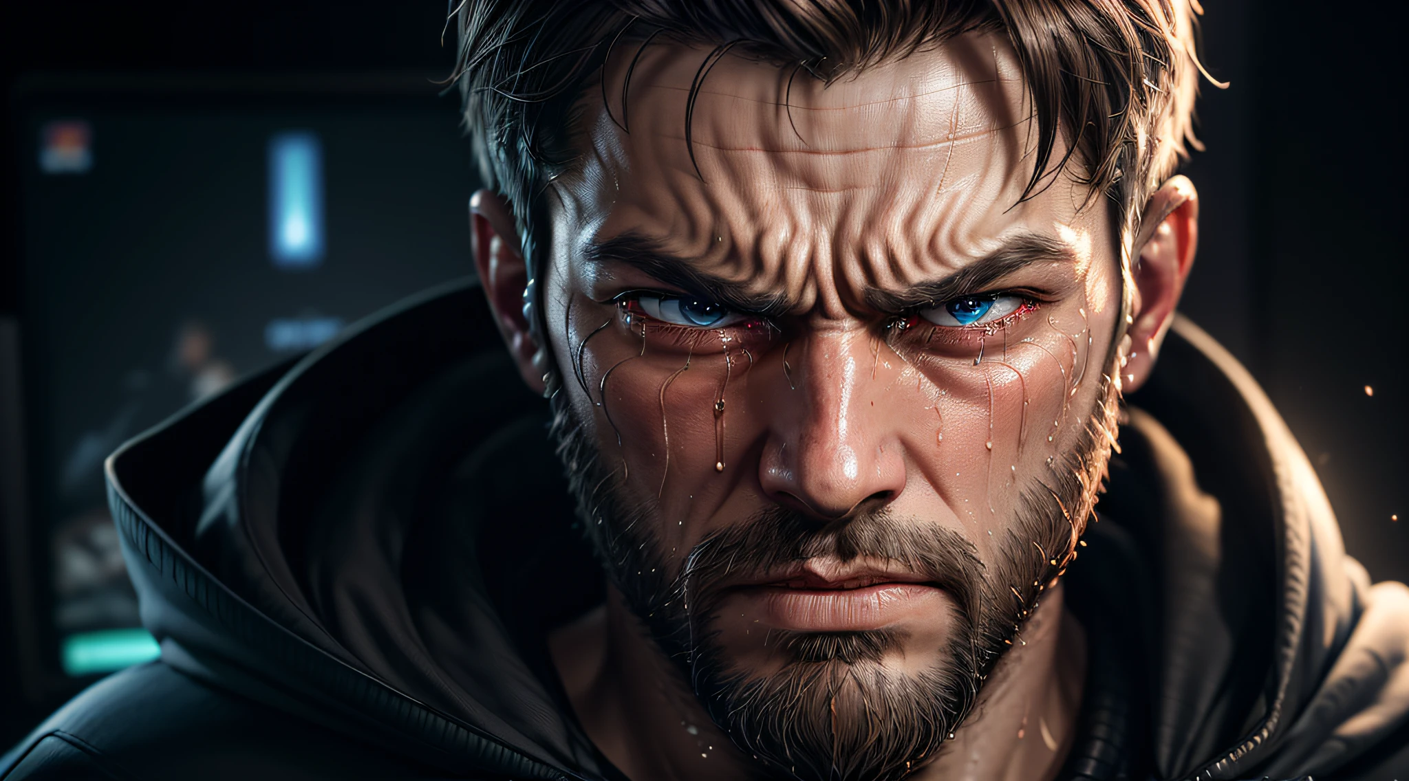 "(ultra-detailed CG unity 8k wallpaper, masterpiece, best quality, depth of field, HDR, intricate), gaming headset, (((gaming room))), (The expression was very angry and crying), hooded, young man, beard, extreme close up view, (crying:1.2)
