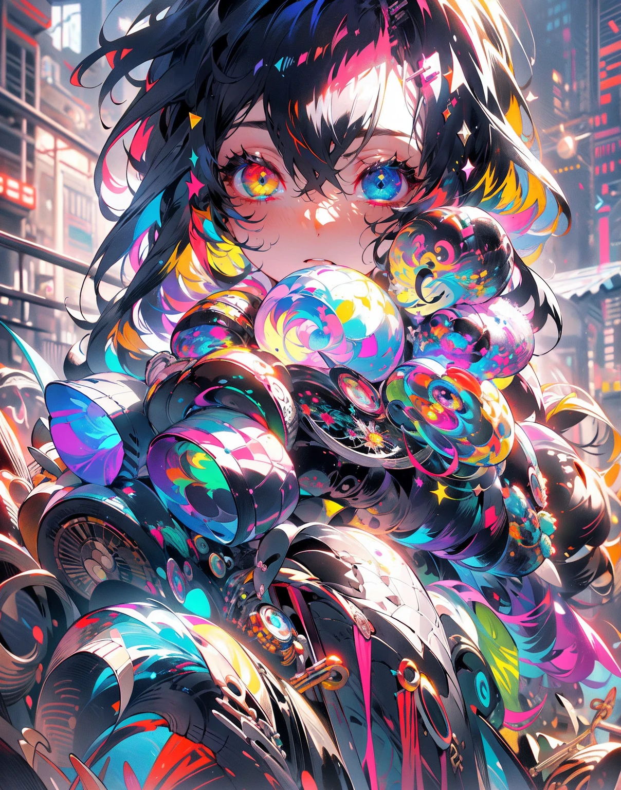 {{masterpiece}}, best quality, extremely detailed CG unity 8k wallpaper, cinematic lighting, lens flare, beautiful detail eyes, black,  side glance,  multicolor hair, colorful light, particles, heterochromia, (colorful:1.5), (colorful hair:1.5),