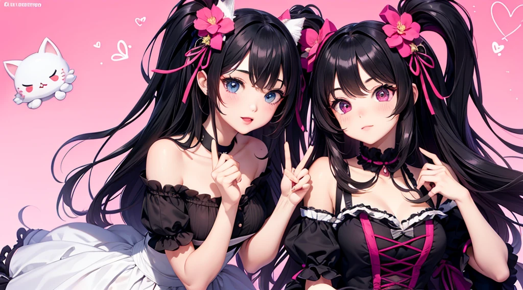 2 girls, kuromi, my melody, sanrio, black hair, purple, cute anime girl, nsfw, digital illustration, vibrant colors, soft lighting, perfect face, absurdres, ultrasharp, 8K, risque pose, long hair, lolita dress, gothic