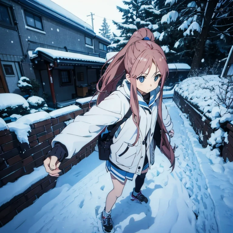 only one girl，Cool girl，Winters，In the snow，A very, very long ponytail，Extra-long hair，Flip the hair， 2d ，Japanese anime， female high-school student，Best quality at best, fully body photo。