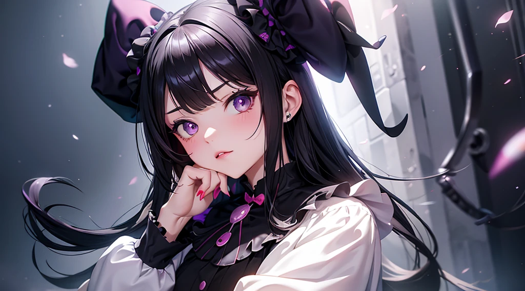 kuromi,  sanrio, black hair, purple, nsfw, digital illustration, vibrant colors, soft lighting, perfect face, absurdres, ultrasharp, 8K, risque pose, long hair, lolita dress, gothic, adult