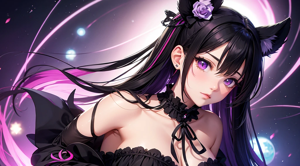 Kuromi, Sanrio, cheveux noirs, violet, NSFW, illustration numérique, couleurs vives, éclairage doux, visage parfait, absurdes, ultra-tranchant, 8k, risque pose, cheveux longs, Robe lolita, gothique