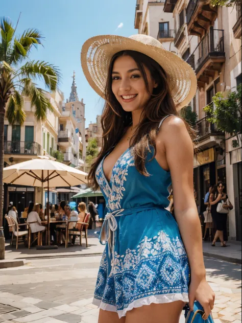(best quality,highres,ultra-detailed:1.2), HDR, vivid colors, beautiful girl, Barcelona square, lively atmosphere, charming architecture, colorful flowers, happy people, stunning view, cozy cafe, outdoor dining, sunny weather, elegant dress, stylish hat, j...