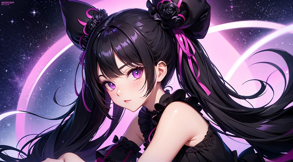 kuromi, sanrio, black hair, purple, nsfw, digital illustration, vibrant colors, soft lighting, perfect face, absurdres, ultrasharp, 8K, risque pose, long hair, space buns, lolita dress, gothic