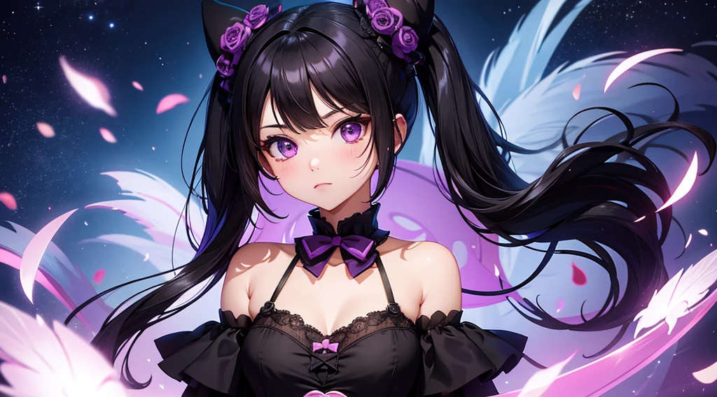 Kuromi, sanrio, Cabelo preto, roxo, NSFW, Ilustração digital, cores vibrantes, iluminação suave, Rosto Perfeito, absurdos, ultra-afiado, 8K, risque pose, cabelo longo, Pãezinhos Espaciais, lolita dress, gótico