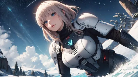 Nino Nakano ,sexy ,armadura de halo infinite,lago nevado noche luz de luna