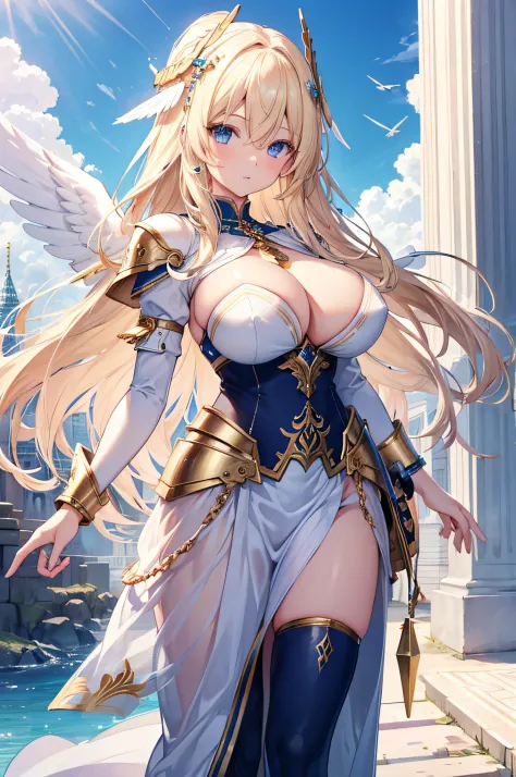 4K,hight resolution,One Woman,a blond,Longhaire,Blue eyes,Colossal tits,valkyrie,white holy armor,jewel decorations,Winged headgear,Temple in the Sky