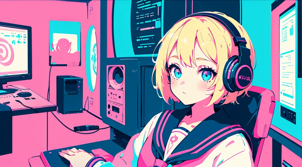 (1 girl, blonde hair, blue eyes, sailor suit, headphone, sitting in a chair, kawaii), (pink cyberpunk, room with big monitors, pink neon), (low contrast, flat color, limited palette)