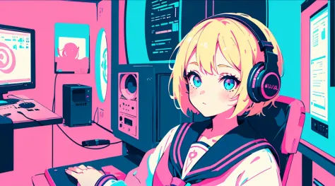 (1 girl, blonde hair, blue eyes, sailor suit, headphone, sitting in a chair, kawaii), (pink cyberpunk, room with big monitors, p...
