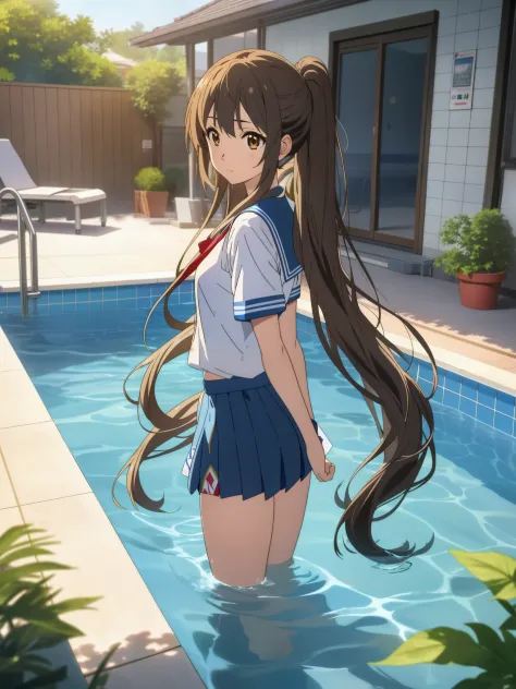 Cool girl，in a swimming pool，swimmning，wash her long hair，A very, Very long ponytail，Extra-long hair，Flip the hair， 2d ，Japanese...
