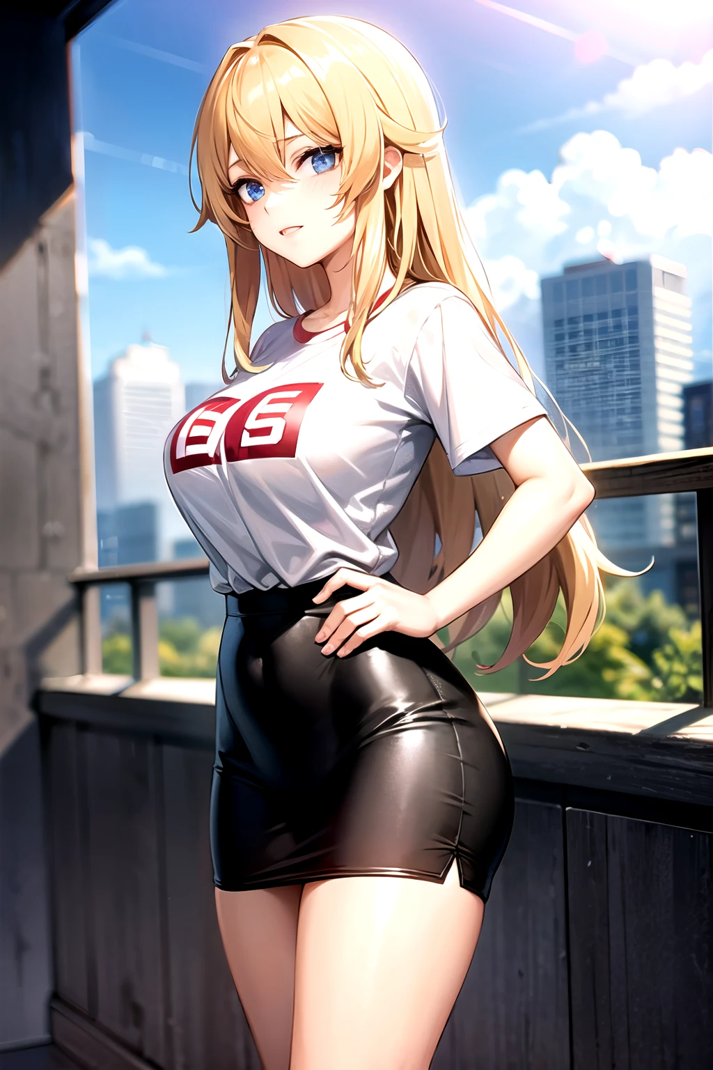 Anime girl in short skirt posing on balcony with city skyline in background  - SeaArt AI