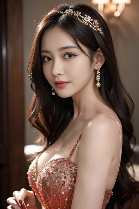 top-quality, masutepiece, Ultra High Resolution, (Photorealistic:1.4), Raw photo, 32K Portrait, Extremely detailed, Cowboy Shot, 1girl in, The most famous Japan actresses,wearing only a dark red evening dress, Innocent smile, Looking at Viewer, Extremely b...