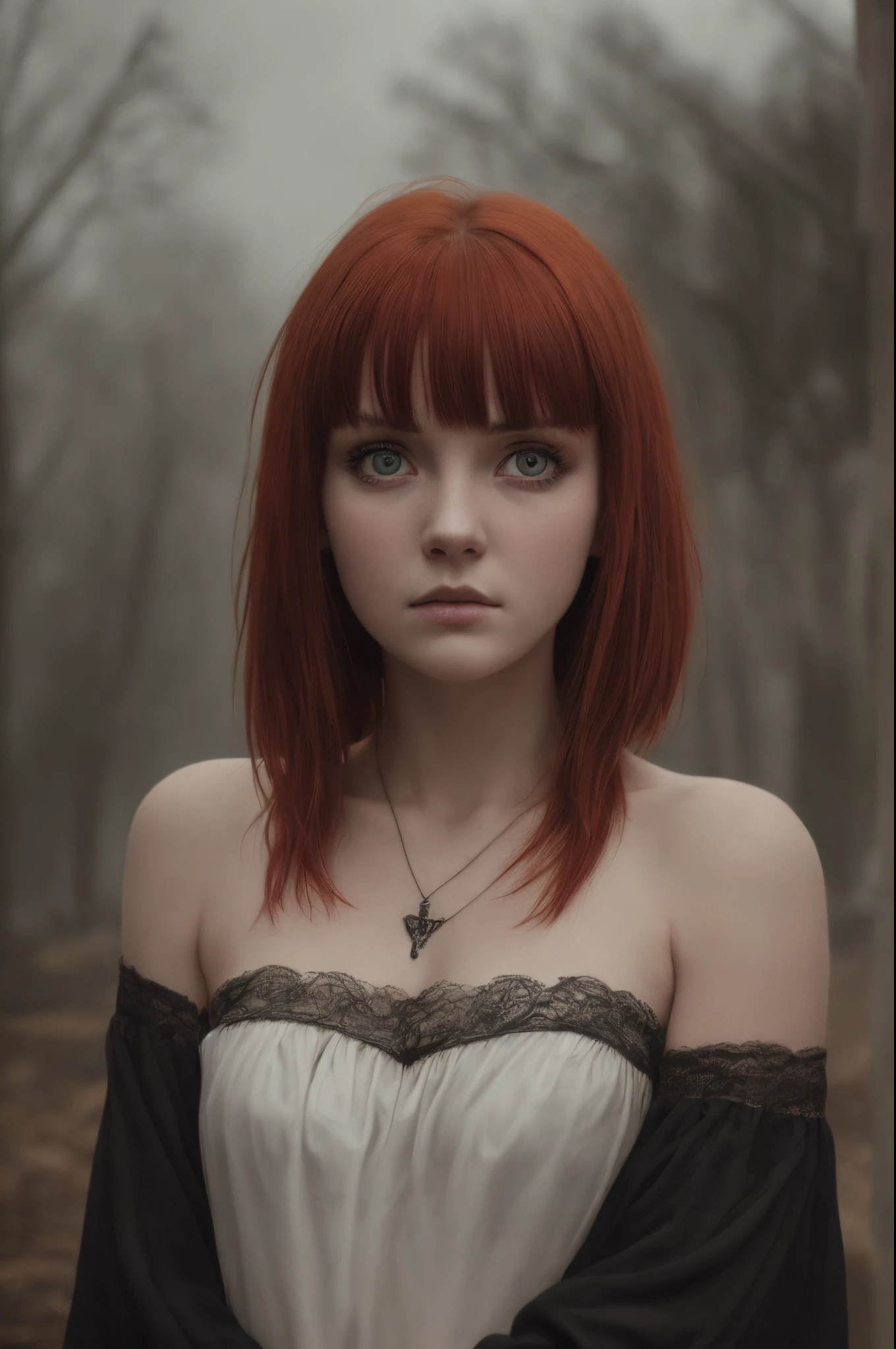 (Realisttic:1.2), analog photo style, cute woman with short hair and red bangs, red eyes, (Gloomy and dark atmosphere), soft natural light, faded colours, sexy, pleadure, great quality, Masterpiece, detailed fantasy background, better performance, 16k quality, HDR, RAW photo