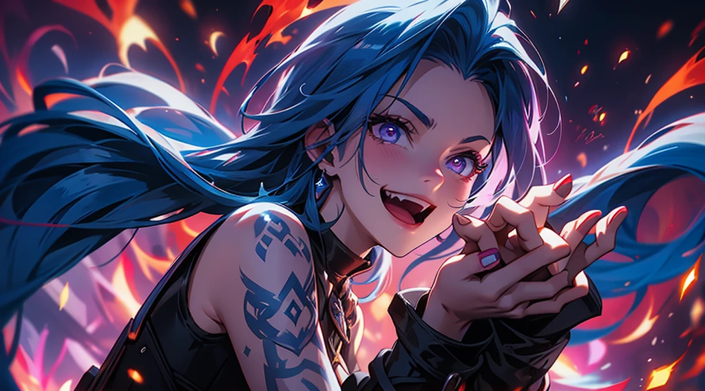 Jinx,arcane,dark shadowy background,crazy pose,smirking expression,flaming red haircausing flames to dance around her,elongated fingers holding a pair of signature arcanelaser pistols pointed in different directions,arcane energy crackling around the weapons,digital illustration,stark contrast between vibrant colors and dark background,glowing blue arcane glyphs swirling around Jinx,colorful explosions in the distance,soft lighting casting dramatic shadows,absurdres,ultrasharp,8K.