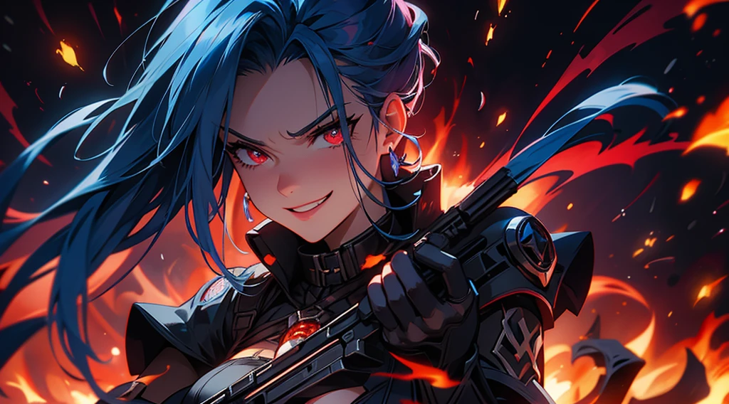 ,dark shadowy background,crazy pose,smirking expression,flaming red haircausing flames to dance around her,elongated fingers holding a pair of signature arcanelaser pistols pointed in different directions,arcane energy crackling around the weapons,digital illustration,stark contrast between vibrant colors and dark background,glowing blue arcane glyphs swirling around Jinx,colorful explosions in the distance,soft lighting casting dramatic shadows,absurdres,ultrasharp,8K.