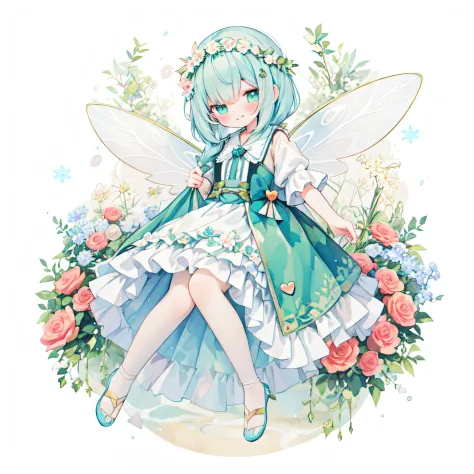 (PastelColors:1.3)、(Cute illustration:1.3)、(watercolor paiting:1.1)、（A smiling fairy with a motif of a big heart and a small heart..........：1.8）、On White Background、jumpping、levitation、A smile、Aster Harmony Garden Sprite,White snow、Noelle、reaching out her...