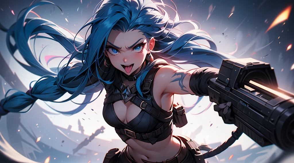 Jinx, arcane, league of legends, crazy, guns, combat outfit, digital illustration, vibrant colors, soft lighting, absurdres, ultrasharp, 8K, tongue out, crazy expression, hair flying, gun shooting, gun aimed at you