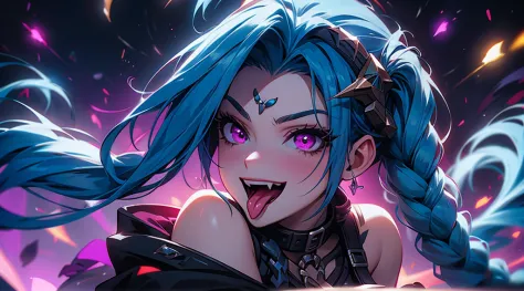 Jinx, arcane, league of legends, nsfw, crazy, guns, combat outfit, digital illustration, vibrant colors, soft lighting, absurdre...