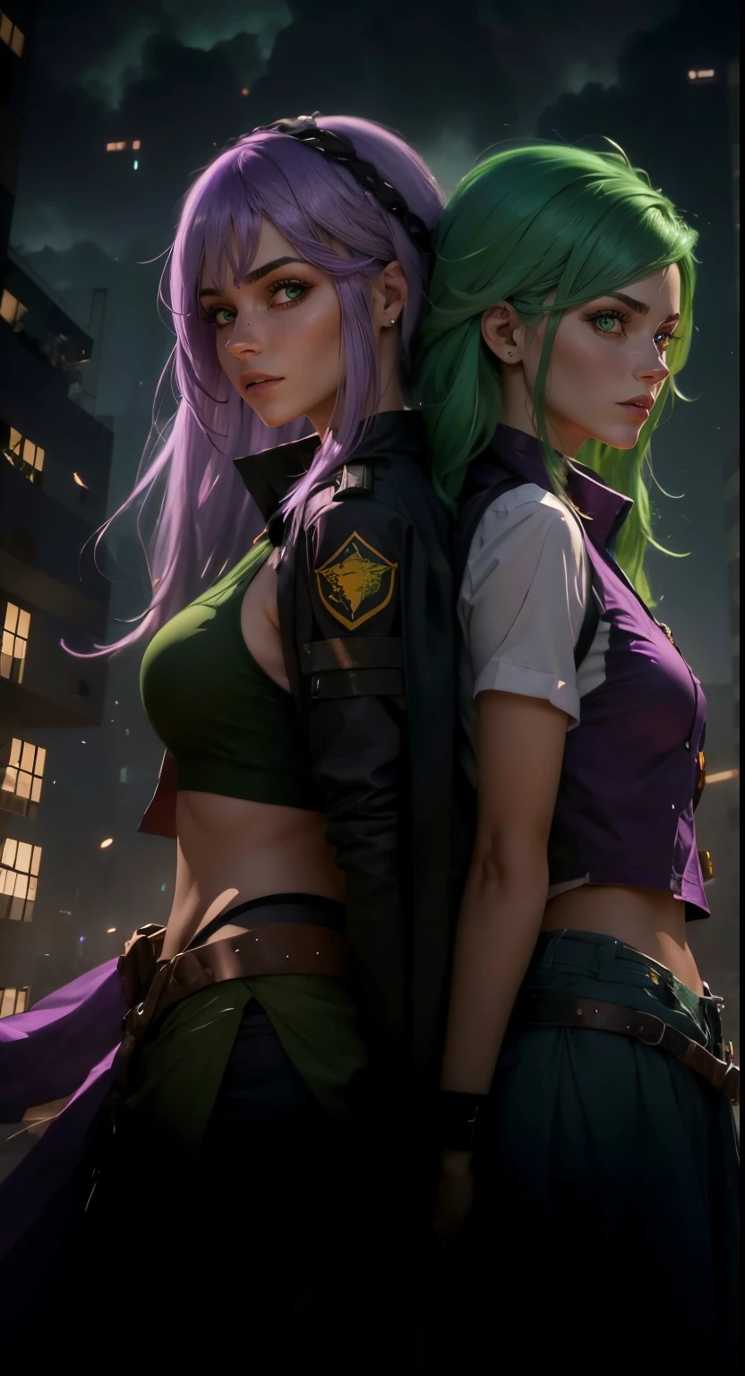 melhor qualidade, realista. 2 MULHERES, a girl with lilac hair/roxo. A outra garota tem cabelos verdes/verde. They are in the middle of a burning city, it is night time