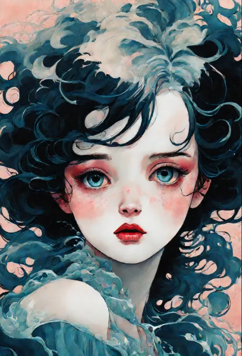 chiaroscuro technique on  illustration of an elegant girl, loli wet hair, vintage, eerie, matte painting, by Hannah Dale, by Harumi Hironaka, extremely soft colors, vibrant, highly detailed, digital illustrations , high contrast, dramatic, refined, tonal, ...