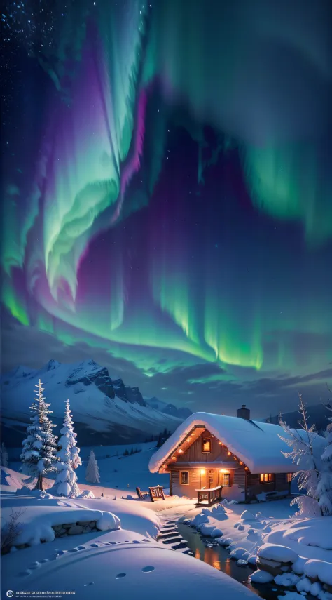 Best quality,A high resolution,(tmasterpiece:1.2),ultra - detailed,aurora borealis, Towering snow-capped mountains, cottage hous...
