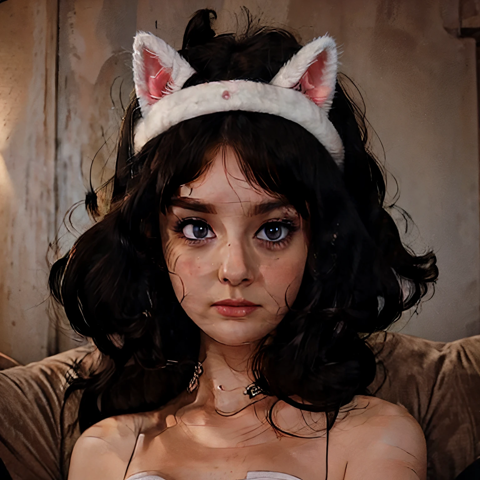 Anime fille avec une frange, cheveux noirs, oreilles de chat, yeux noirs, demi-corps, vêtements gothiques