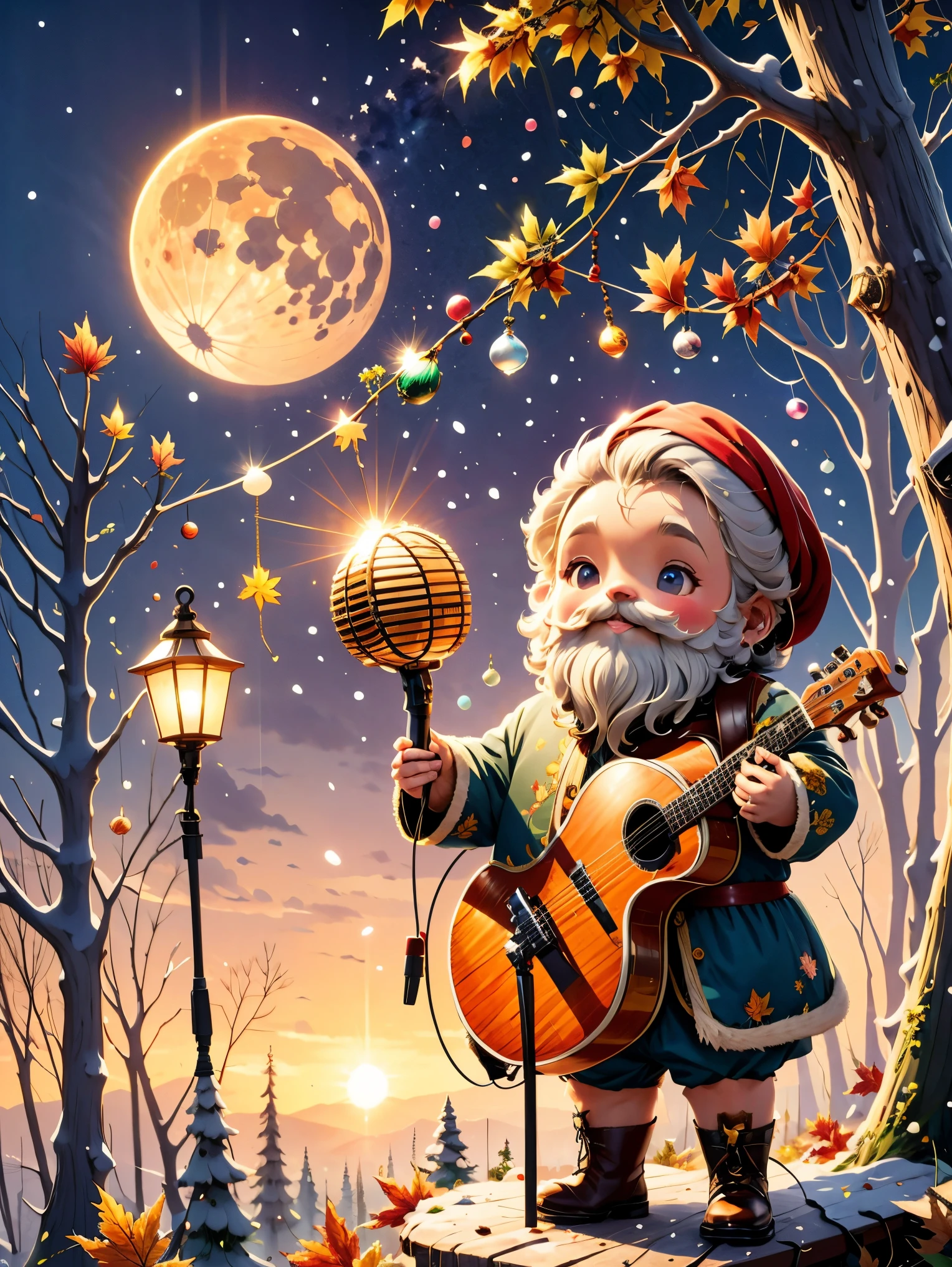 A 2D animation of a folk music band composed of anthropomorphic autumn leaves, each playing traditional bluegrass instruments, amidst a rustic forest setting dappled with the soft light of a harvest moon.