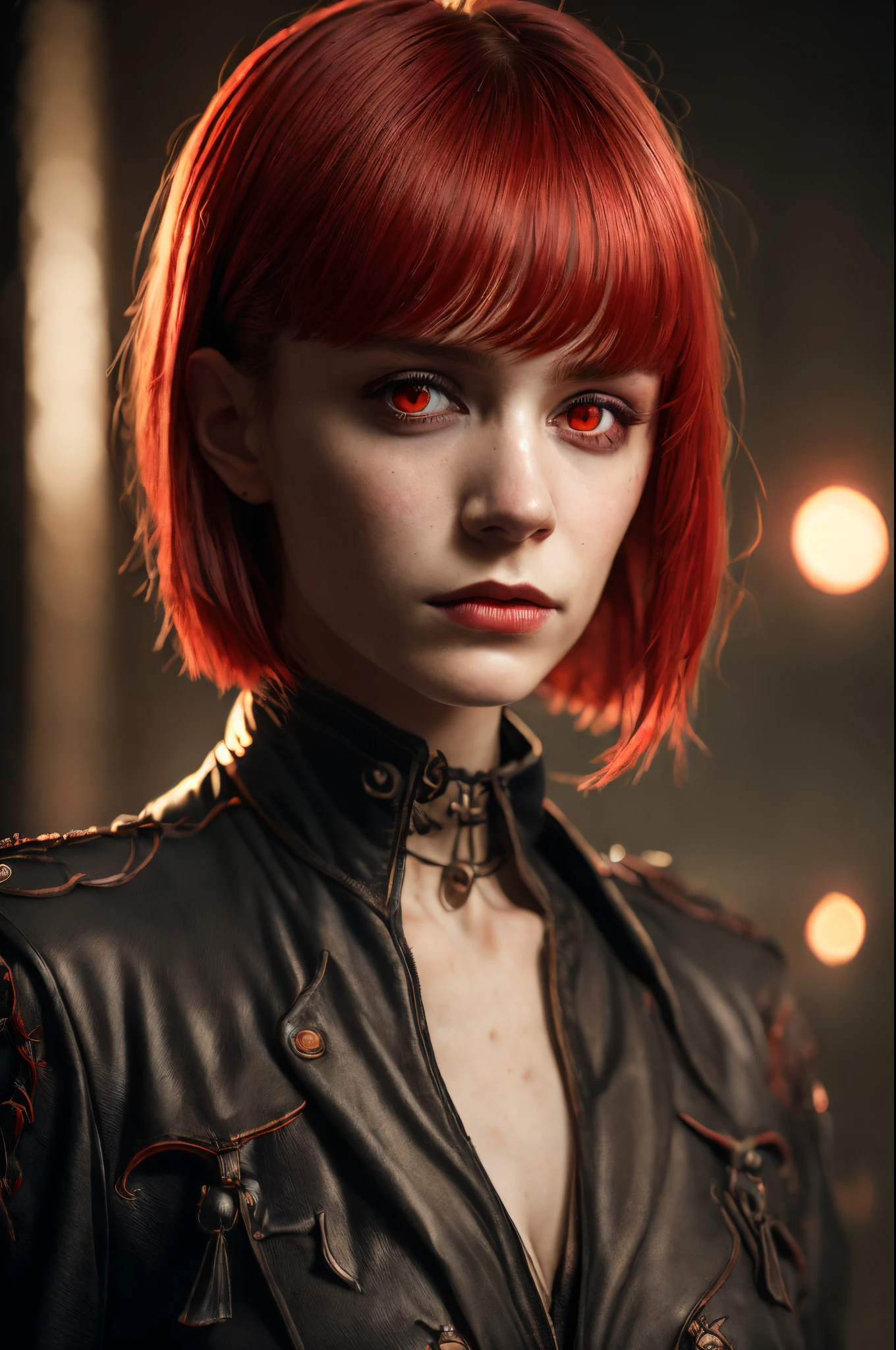 (Realisttic:1.2), analog photo style, cute woman with short hair and red bangs, red eyes, (Gloomy and dark atmosphere), soft natural light, faded colours, sexy, pleadure, great quality, Masterpiece, detailed fantasy background, better performance, 16k quality, HDR, RAW photo