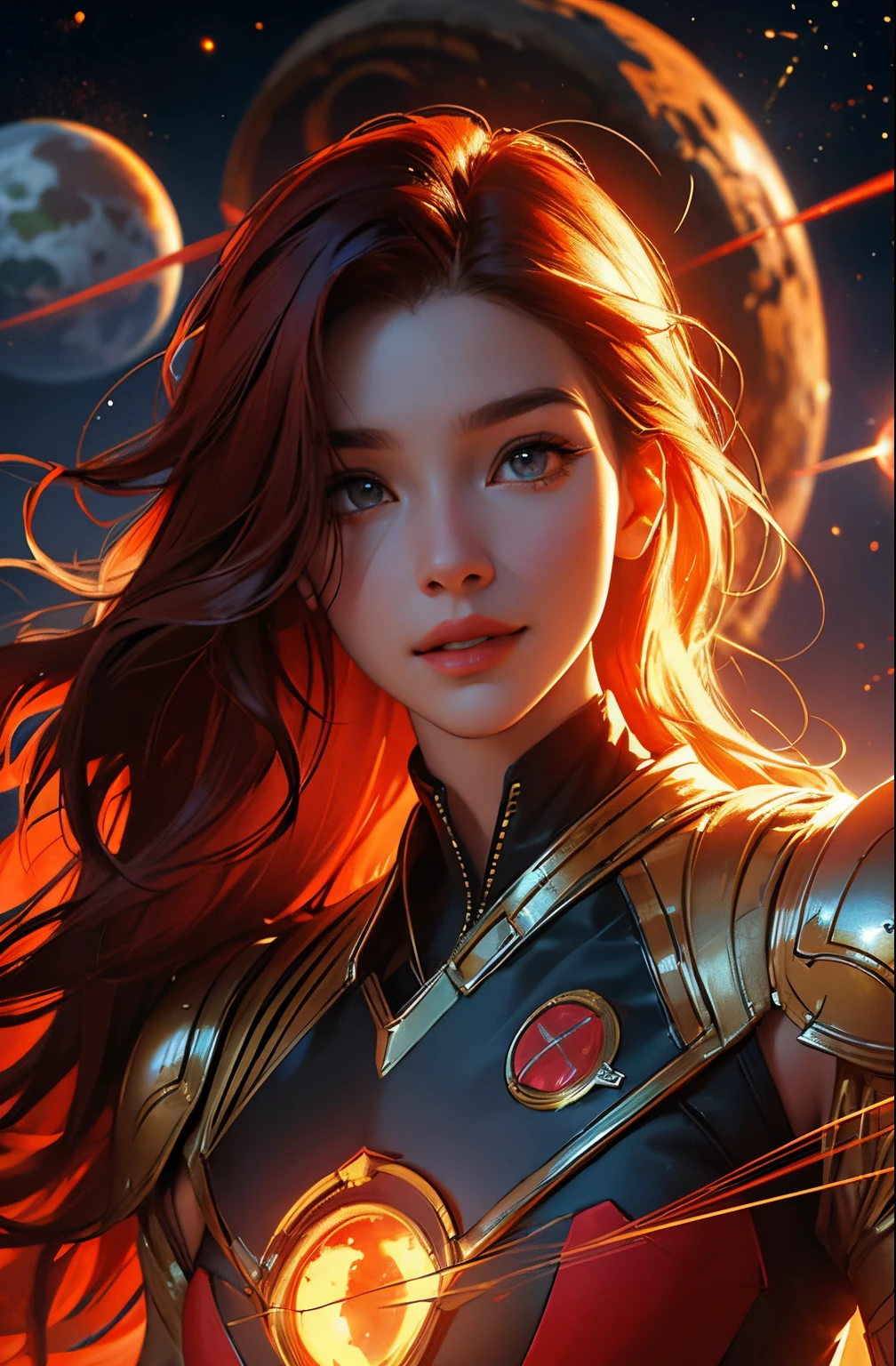 Highly detailed RAW color photo, beautiful young woman, smile at you, long red wavy hair, red with gold space ranger costume, running dynamic pose, (detailed skin), (detailed lips), (detailed eyes), (cosmic: 1.4), (necropolis: 1.1), (science fiction setting) (detailed face), (athletic), detailed eyes, space scene with planets and burning sun, chromatic aberration, depth of field, soft lighting, masterpiece, best quality, intricaens reflection: 0.7), (flowering: 0.7), particle effects, ray tracing, tone mapping, highly detailed, concept art, smooth, sharp focus, dramatic lighting, highly detailed art, cinematic, hyper-realistic painting, trending on Artstation, 8K, amazing shadows, realistic, (highly detailed background: 1.2), mid-journey art