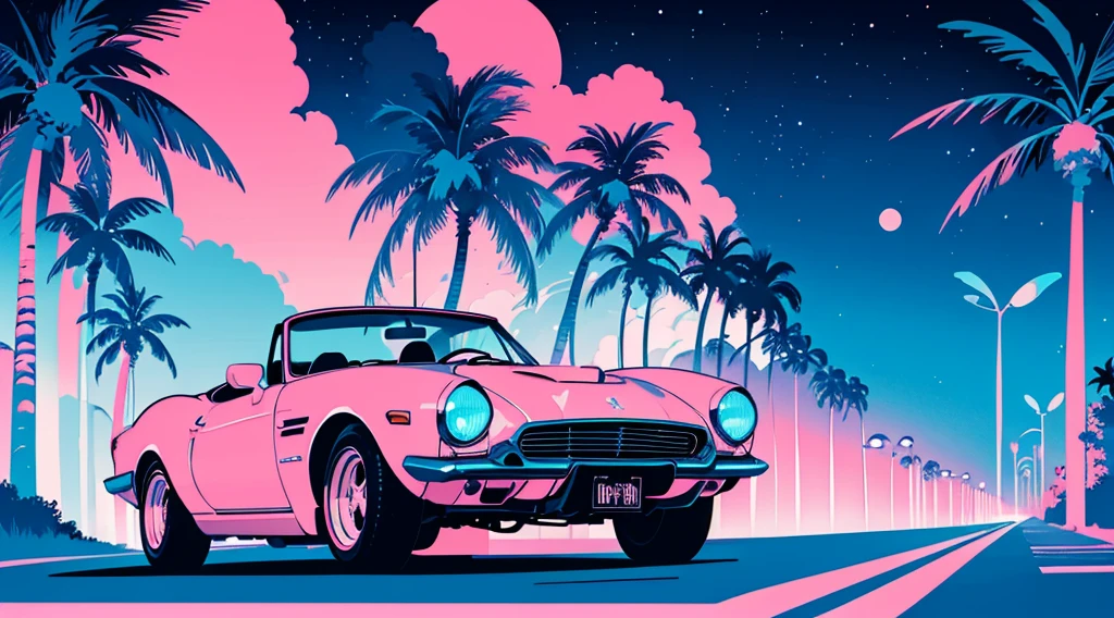(cyberpunk road by the sea, rosa leuchtende Straße, sternenblauer Himmel, Großer Mond, Palmen), (klassisches Cabrio), (geringer Kontrast, flache Farbe, begrenzte Palette)