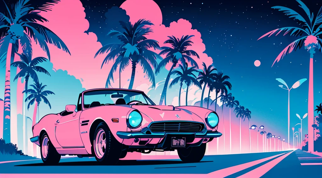 (cyberpunk road by the sea, pink glowing road, starry blue sky, big moon, palm trees), (classic convertible car), (low contrast, flat color, limited palette)