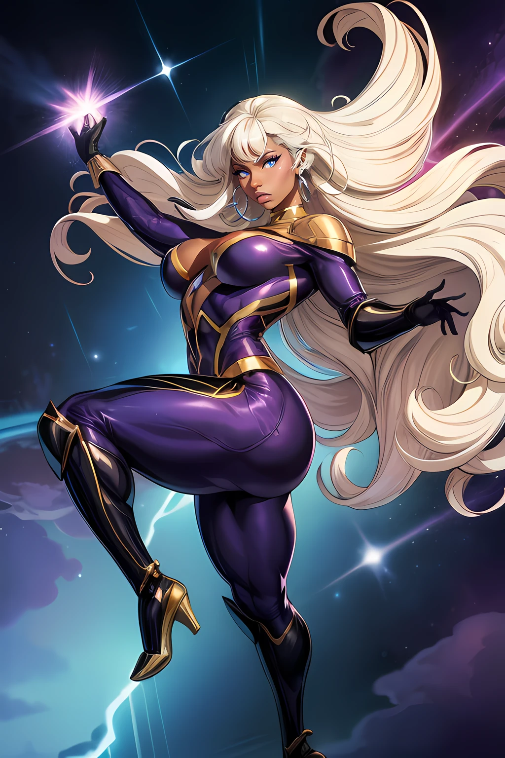 best quality, 1girl, mature woman, ((((tall)))) ((dark skin)), (small breasts), chubby, (muscular legs), long ((curly)) white hair with bangs, Ororo, exposed shoulder (floating in the air), huge lips, eyelashes, blue eyes, black purple gold, bodysuit, gloves, angry,  background, full body