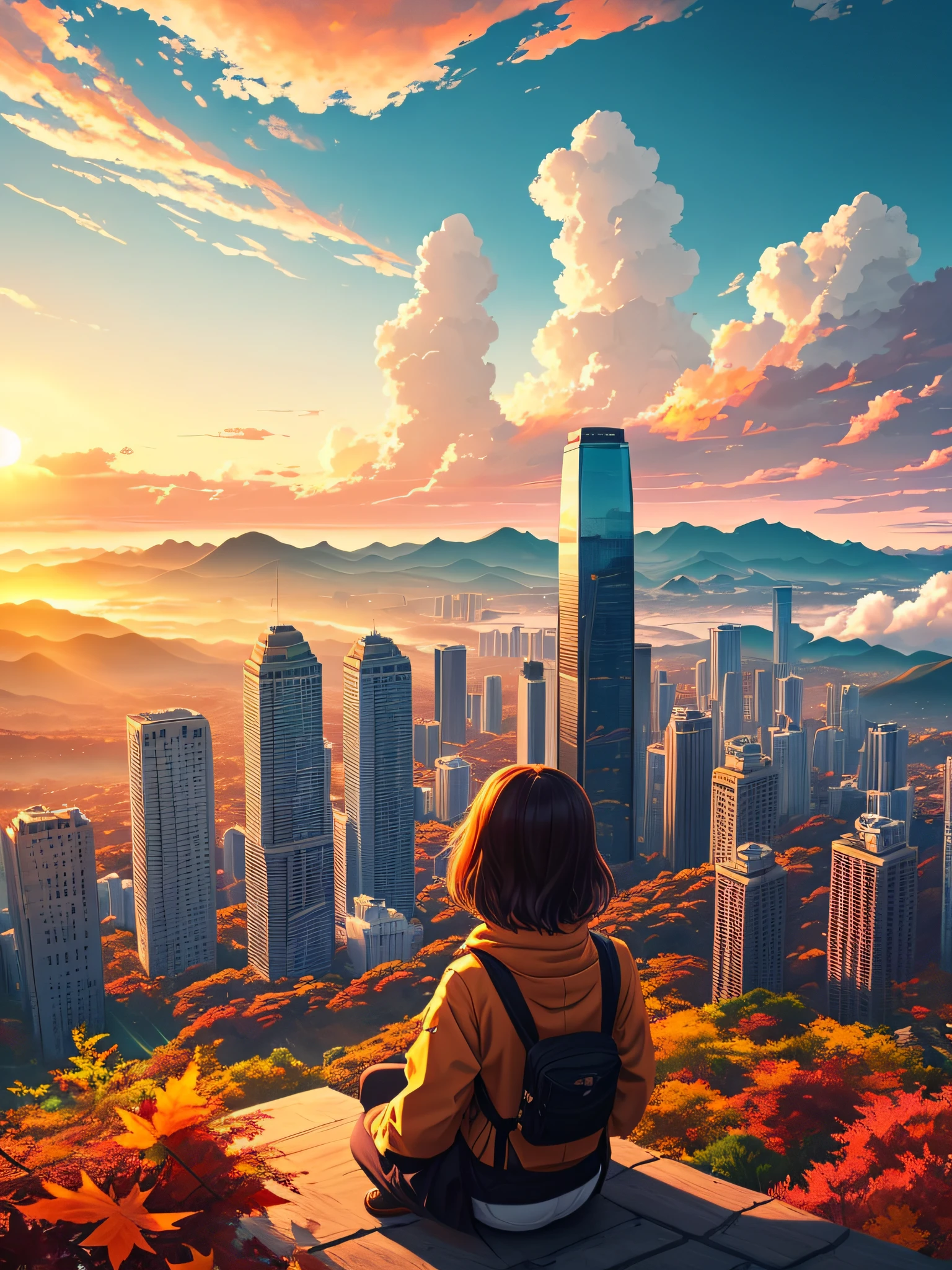 actual，A vast city unfolds、skyscrapers army rising sun、The morning sunshine is beautiful、horizon，including々tas&#39;Brighter and brighter、Huge autumn clouds、vibrant with colors、Girl watching on top of mountain in the distance