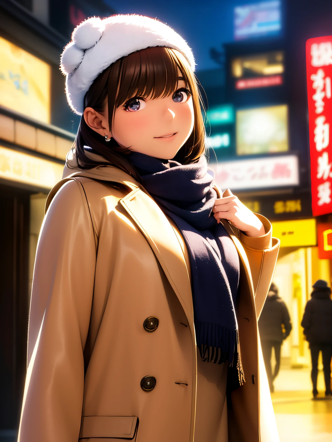 hight resolution,8K,Best Quality,detaileds,semi - realistic anime,Anime 3D Style,Smooth Anime CG,1 girl in,20 year old woman in Japan,slim,modeled,shiny chestnut hair,Medium Hair,Detailed face,Beautiful and detailed eyes,Glowing skin,(coat,layered clothes,Winter clothes,Hats),earring beautiful,Winters,cold morning in december,(a street:0.8), (a person, Large crowds:1),hard focus particles,Soft lighting,looking at the viewers,A smile