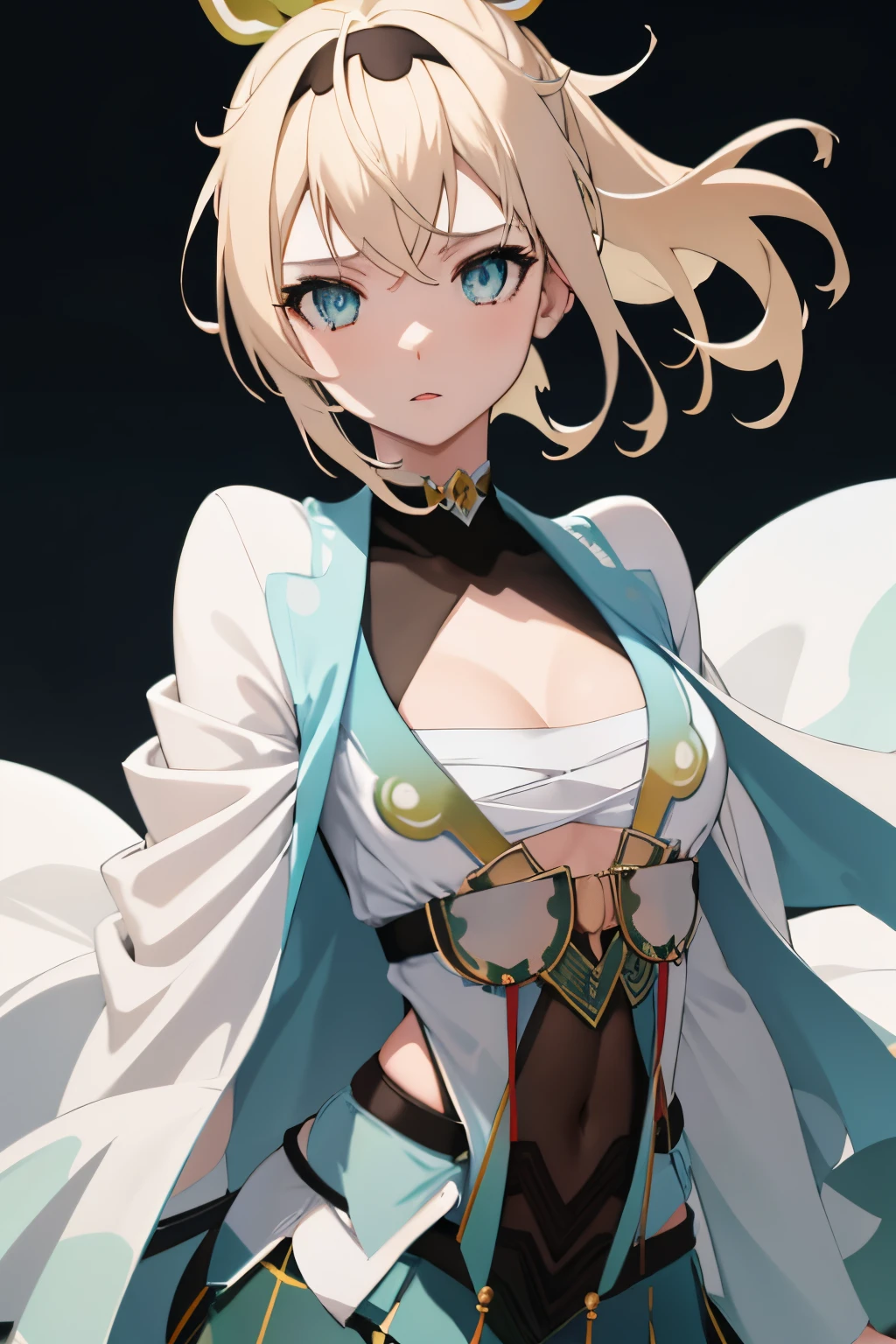 1girl, anime, cute girl, blank background, white background, fantasy, detailed dark fantasy dress with highlights, beautiful face, beautiful eyes, dark colors, silver hair, slightly small breasts, slight cleavage, beautiful skin, cute, breast curtains, extremely delicate and beautiful, (beautiful detailed face:1.0), (detailed deep eyes), symmetrical breasts, deep eyes, shiny skin, portrait, slender waist, hips wider than shoulders, thighs, young girl, expressionless, IrohaBase, hair ornament, hairband, sarashi, haori, covered navel, black gloves, pleated skirt, green skirt, white thighhighs, cleavage, (Upper body)