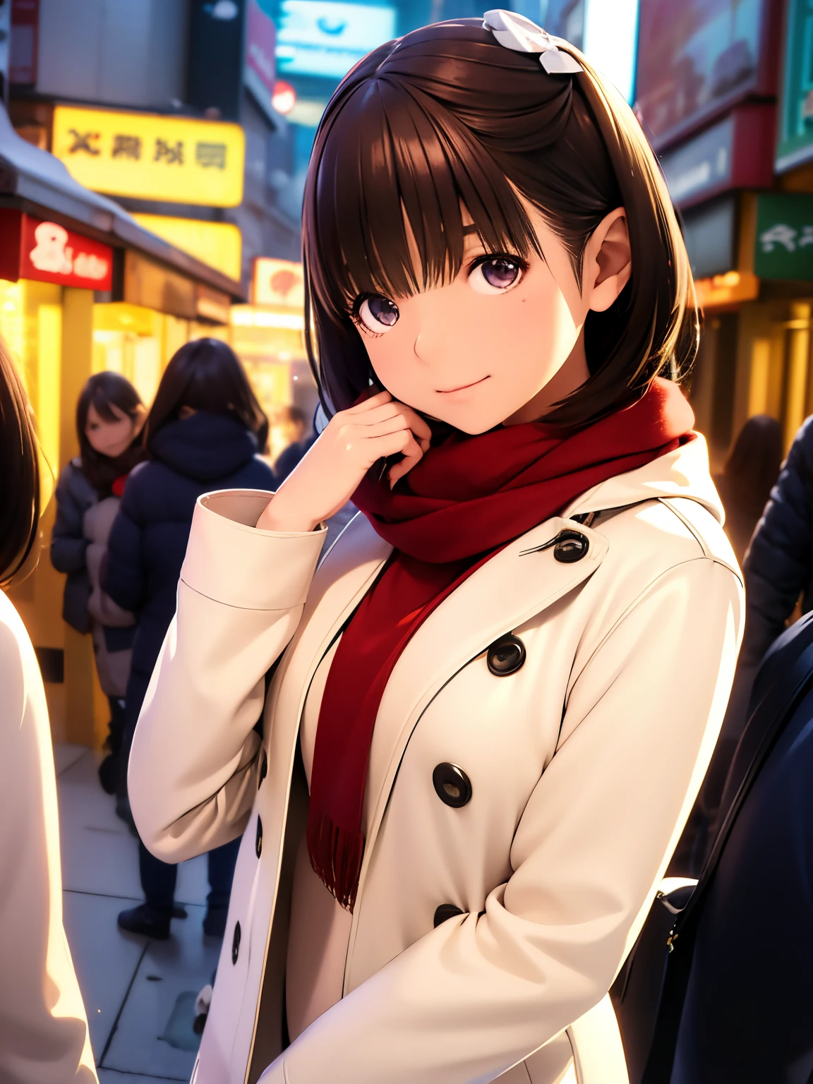 hight resolution,8K,Best Quality,detaileds,semi - realistic anime,Anime 3D Style,Smooth Anime CG,1 girl in,20 year old woman in Japan,slim,modeled,shiny chestnut hair,Medium Hair,Detailed face,Beautiful and detailed eyes,Glowing skin,(coat,layered clothes,Winter clothes,),earring beautiful,Winters,cold morning in december,(a street:0.8), (a person, Large crowds:1),hard focus particles,Soft lighting,looking at the viewers,A smile