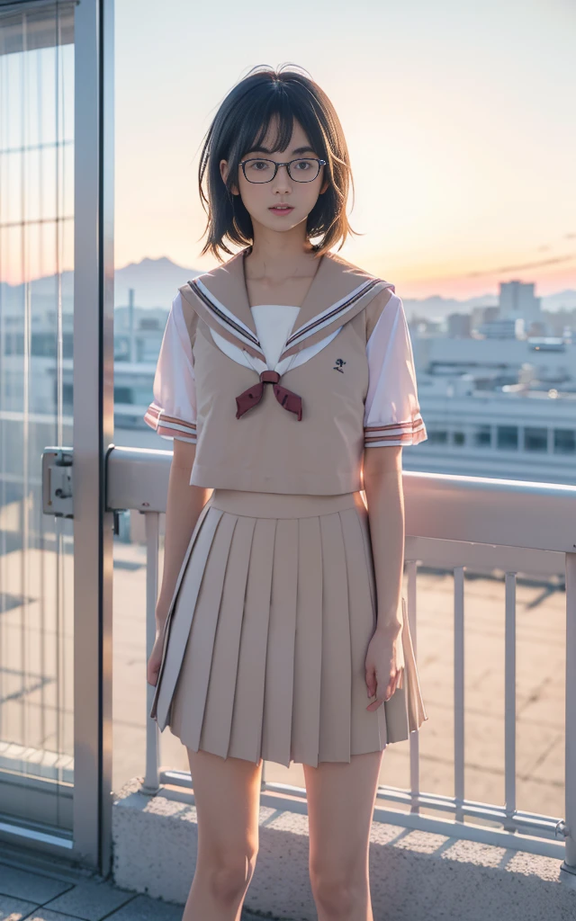 8k,cinematic lighting,top-quality,Top image quality,masterpiece,best quality,depth of field,ultra-detailed,from above,mideum shot,full body,1girl,Japanese,32 years old,(Gyaru:1.2),(Black hair,a short bob:1.2),(Oval light brown cell frame glasses:1.2),detailed brown eyes,(slender body:1.2),((flat chest:1.5)),slightly large hip,(tanned skin), (School Rooftop:1.1),sunset,magic hour,from below,smile,(blushing:1.4),(seifuku:1.3),white , red scarf, (navy blue pleated skirt),Standing,