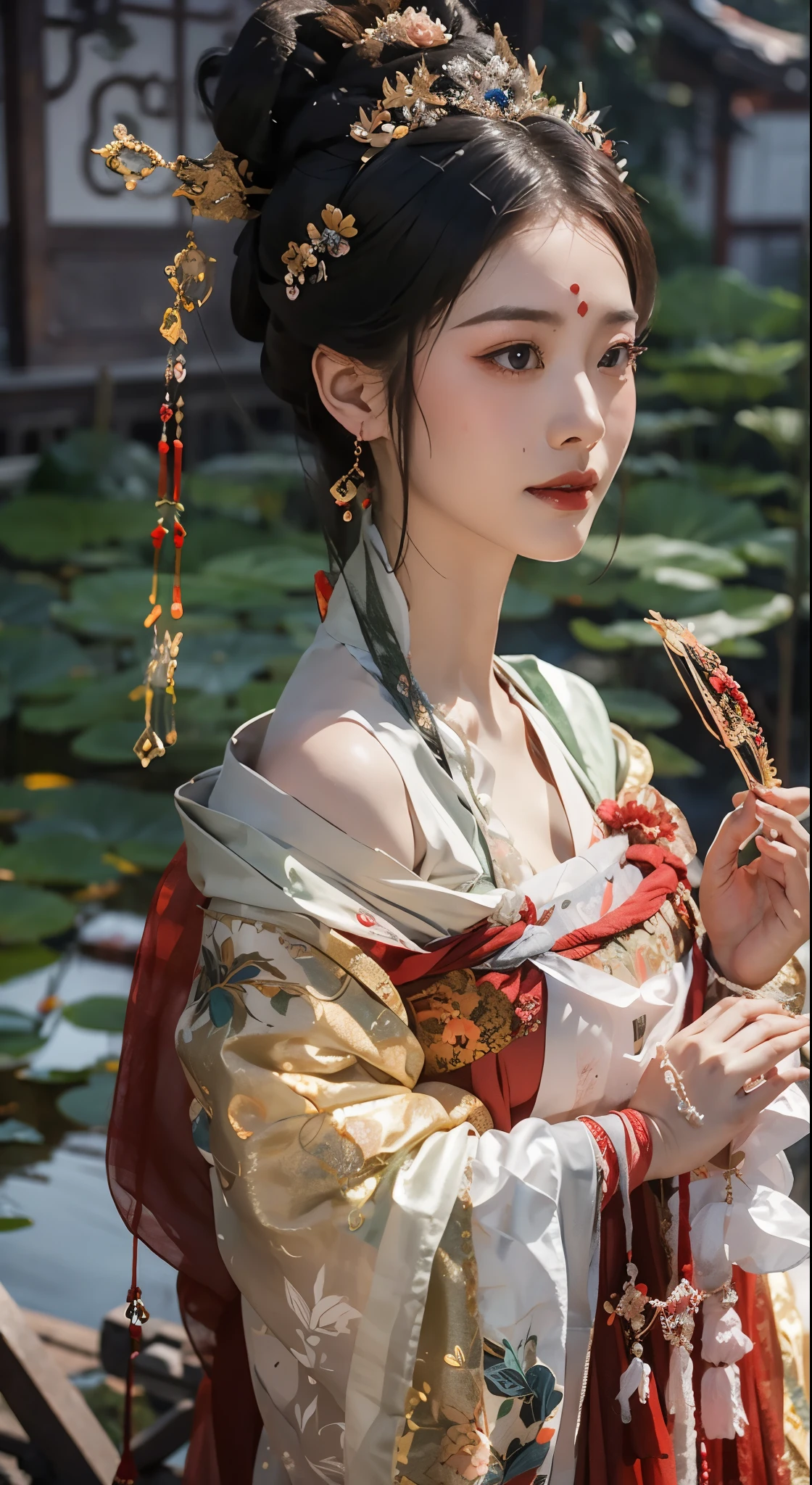 With pink flowers on the head，no loose hair，All tied up neatly，Green gem fringe hair accessories hang naturally to both sides, green earrings，Hanfu, one shoulder，Arms wrapped in gauze，mesmerizing eyes，Korean makeup，ssmile，Expose the collarbone，Lotus anthropomorphic，The demon incarnated as a lotus flower, Wearing ancient Chinese clothes,tie up all your hair，花魁，Brow line、Wearing pink gauze，Close-up of doll in green dress, 宮 ， A girl in Hanfu, Princesa chinesa antiga, Hanfu, one shoulder，Expose the collarbone，chinese empress, Wearing ancient Chinese clothes, A masterpiece by Guwitz, Matches ancient Chinese costumes, Inspired by Uemura Pine Garden, heise jinyao, Detailed picture