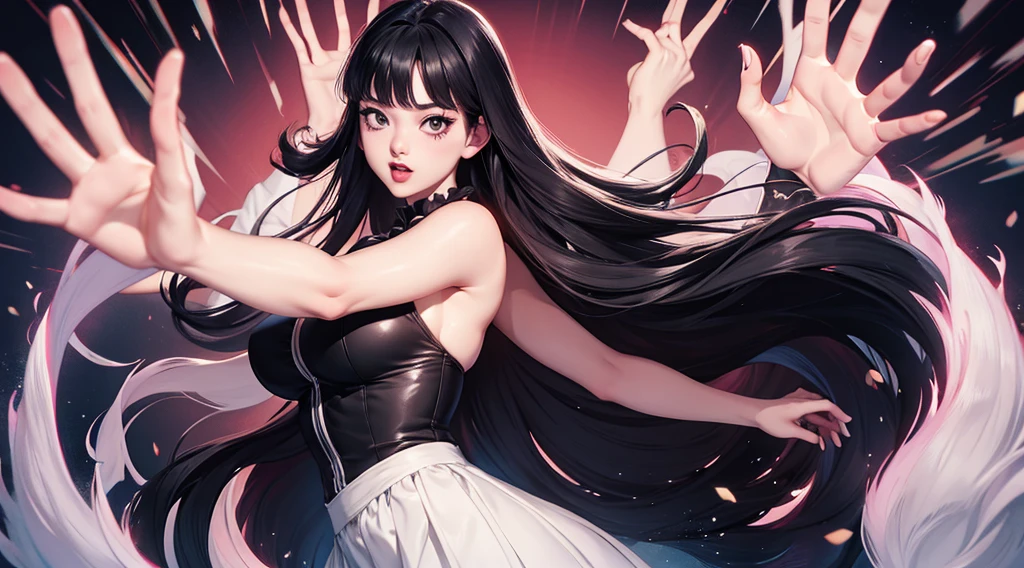 tomie1, junji ito, risque pose, nsfw, big boobs, thick thighs, digital illustration, vibrant colors, soft lighting, perfect face, absurdres, ultrasharp, 8K, perfect hands, glowing effects, pixel effects, digital girl, gothic, lolita dress, short skirt, puffy skirt