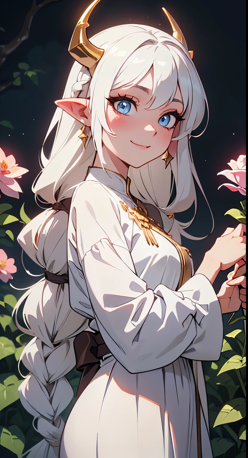 Female character, 1woman, solo, anime, beautiful, aesthetic, illustration, anime artstyle, masterpiece, best quality, detailed, ultra quality, professional artwork, digital art, beautiful goddess dress, long sleeve, white long dress, goddess, entity, white clothes whit golden details, mystic girl, pure face, white lashes, glowing eyes, beautiful eyes, pale skin, white roses around her, legend, long dress, white olympus outfit, olympus, paradise, irresistible, gorgeous, pure art, official art, 4k, gorgeous goddess clothes, hd, anime art, illustration anime digital art, digital, professional artist, white hair, braid in the back, cute big long braid hair, light blue eyes, so pretty, warm smile, happy expression, shaman, blush, lovely, basic art, 2d anime artstyle, long golden horns, blindy eyes, close up, pointy ears, 90s style, toonify, scenario, situational, scene, anime scene, episode, looking flowers, garden full of flowers, obsessed with flowers, happy, genuinely smiling, outside, fantasy scenario garden background, doing something